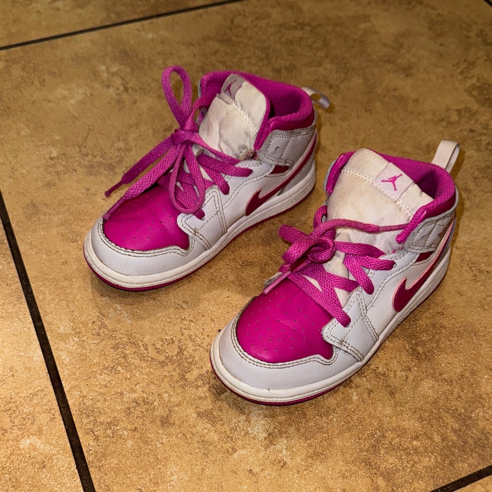 Kids' Fuchsia Grey and White Jordans